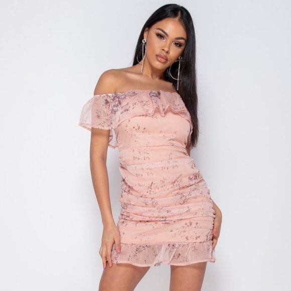 Dresses & Skirts - Beige Floral Print Off Shoulder Short Sleeve Ruched Frill Hem Bodycon Mini Dress